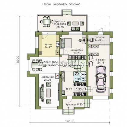 «Борей» - проект двухэтажного дома с террасой и гаражом на 1 авто, планировка с кабинетом на 1 эт, в современном стиле - превью план дома