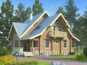 Проект деревянного дома с мансардой, из бревен, с гостевой комнатой и террасой