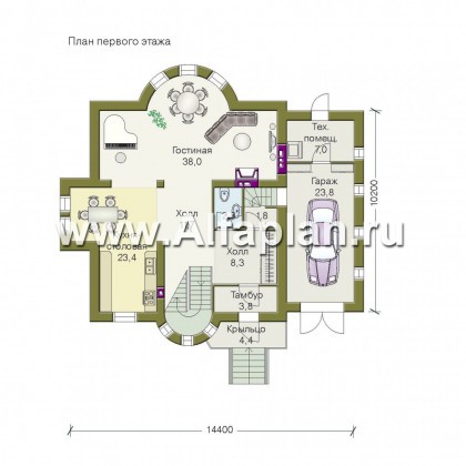 «Барби-Холл»  - проект трехэтажного дома, с полукруглым эркером - превью план дома