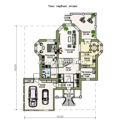 «Петровское барокко» - проект двухэтажного дома, лестница в центре гостиной, с эркером и с гаражом на 2 авто - превью план дома