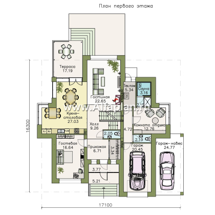«Современник» - проект двухэтажного дома, с гаражом, с сауной, вторым светом гостиной, с мансардой в чердаке - превью план дома