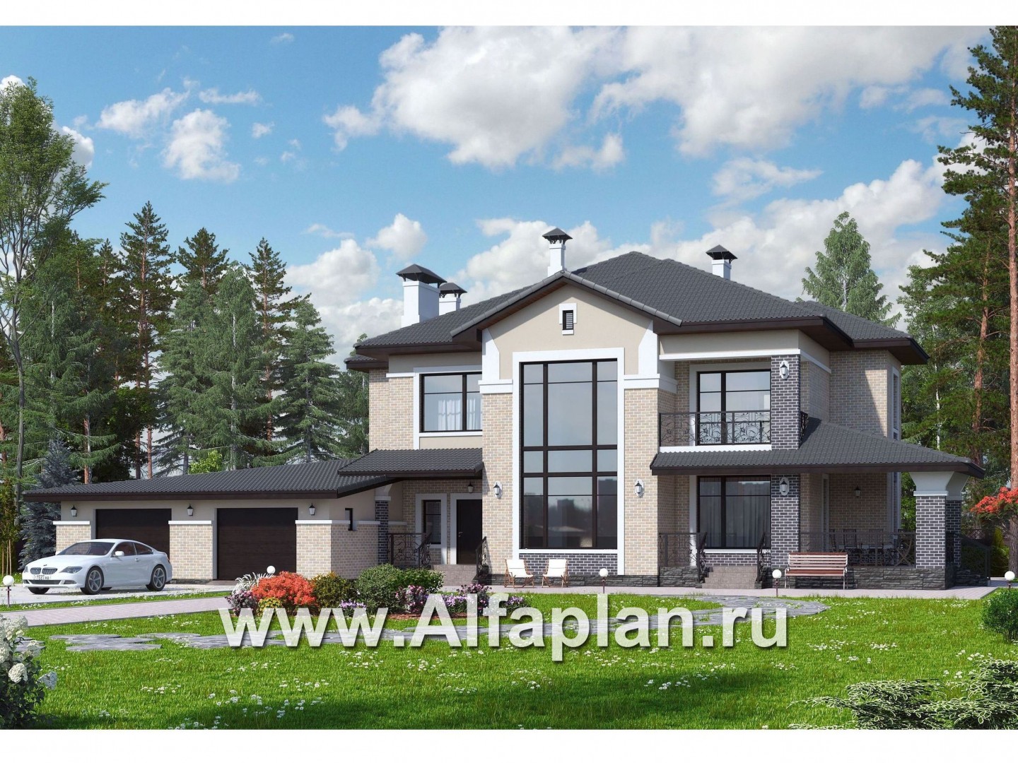 Проекты домов Альфаплан - «Арно» - классический особняк с двусветной столовой и большим гаражом - основное изображение