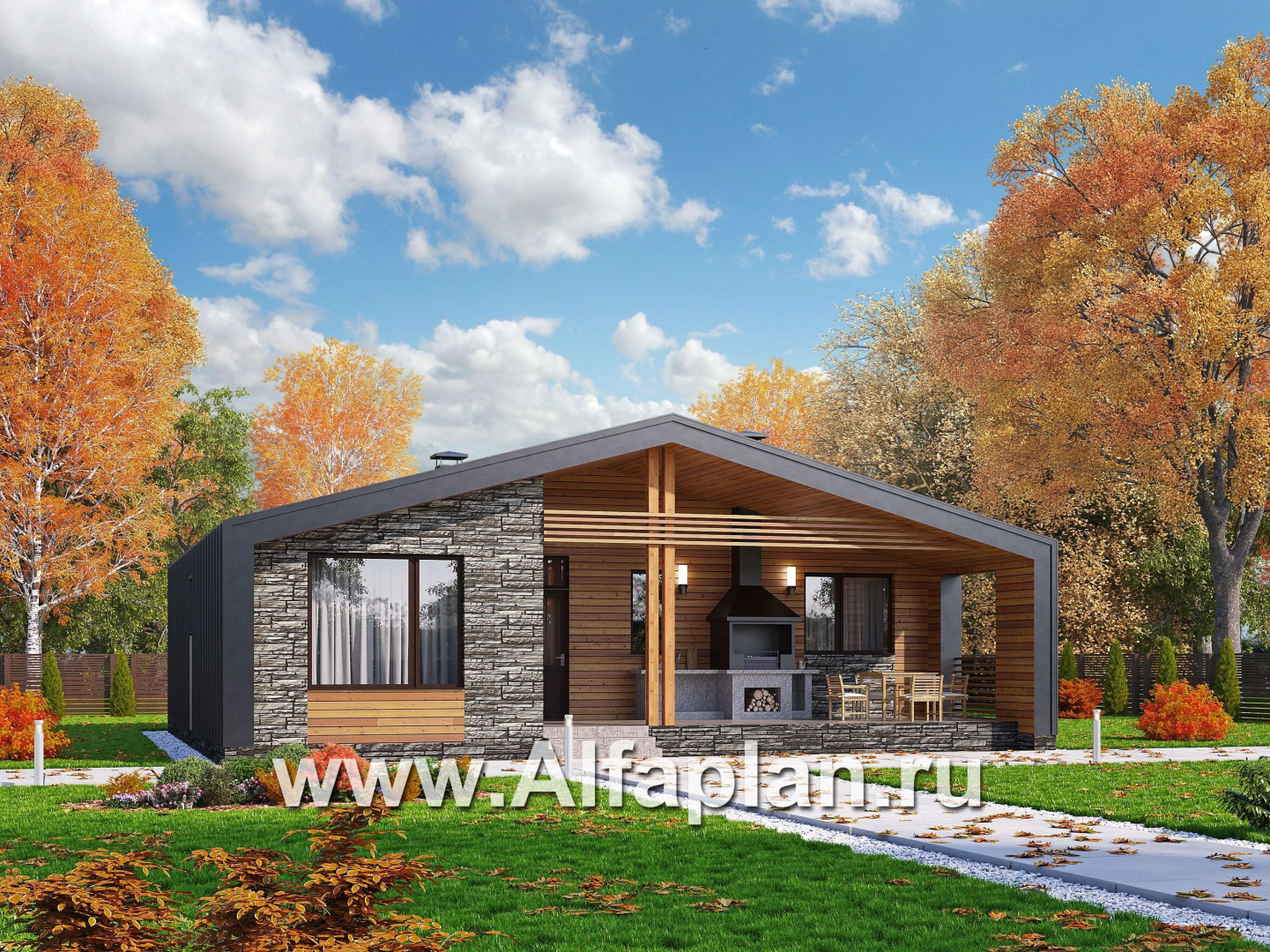 Проекты домов Альфаплан - «Эпсилон» - каркасный дом с тремя спальнями - основное изображение