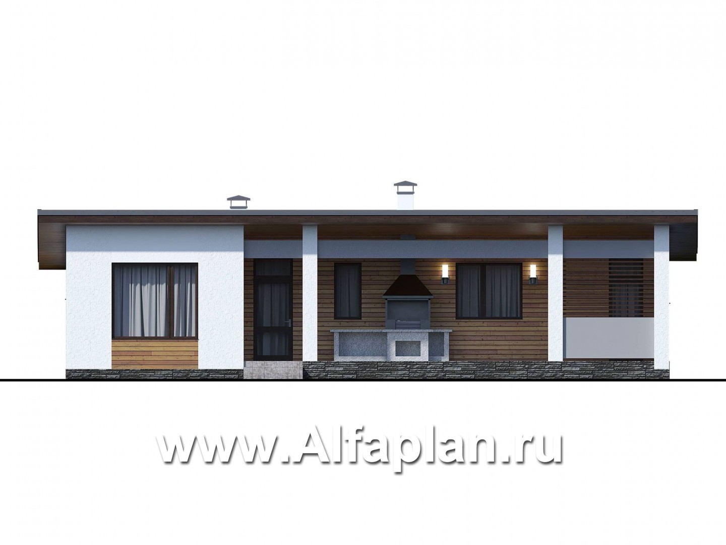 Проекты домов Альфаплан - «Эпсилон» - одноэтажный дом с сауной и джакузи на террасе - изображение фасада №1
