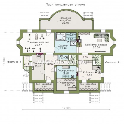Проекты домов Альфаплан - «Родное сердце» - дом с цокольным этажом на две семьи для детей и родителей - превью плана проекта №1