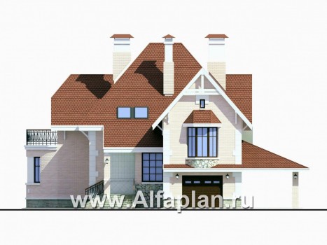 Проекты домов Альфаплан - «Ветер перемен»- коттедж с гаражом и навесом для автомобиля - превью фасада №1