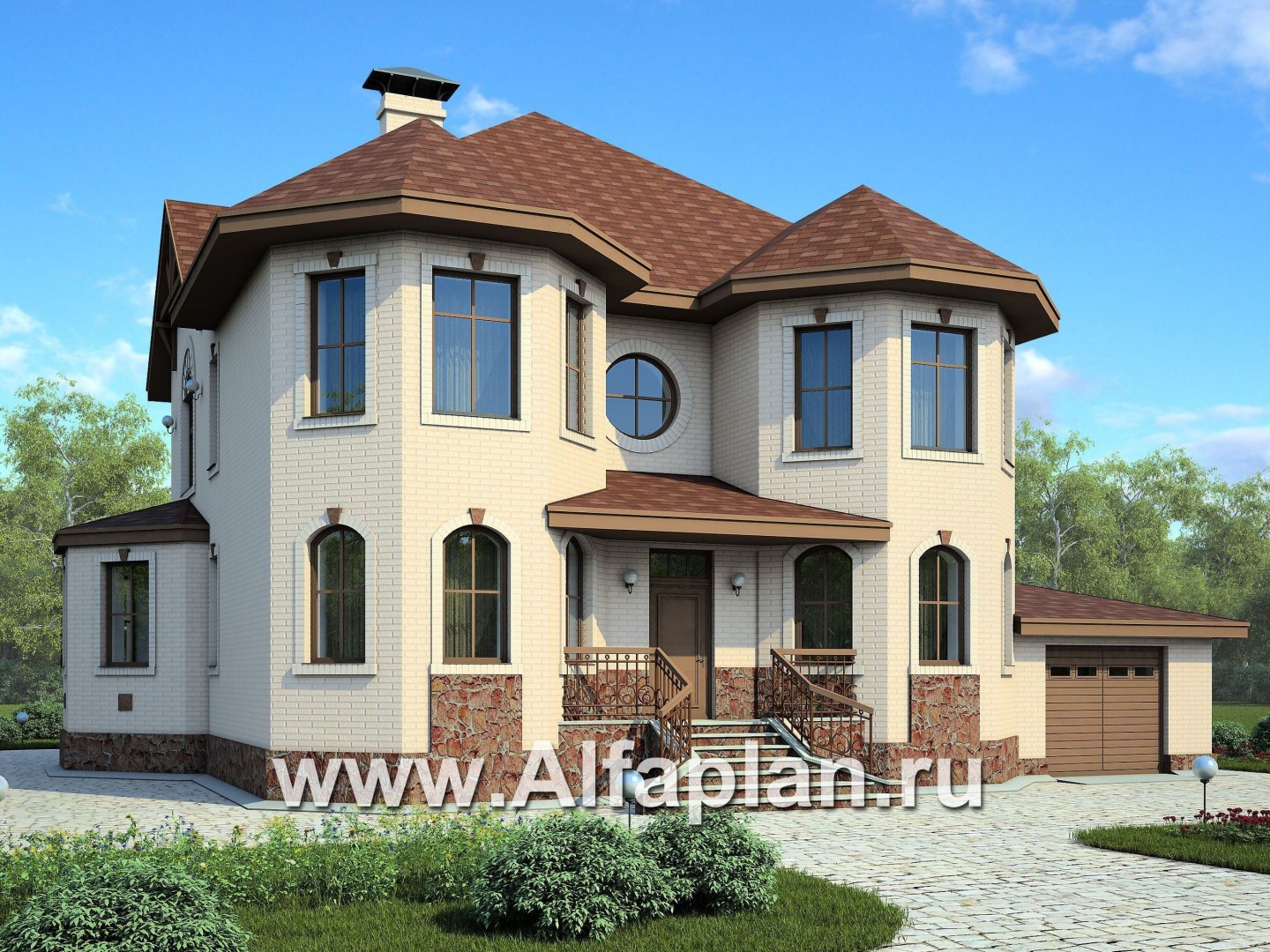 Проекты домов Альфаплан - «Амбиент» - амбиционый дом с двумя мощными эркерами - основное изображение