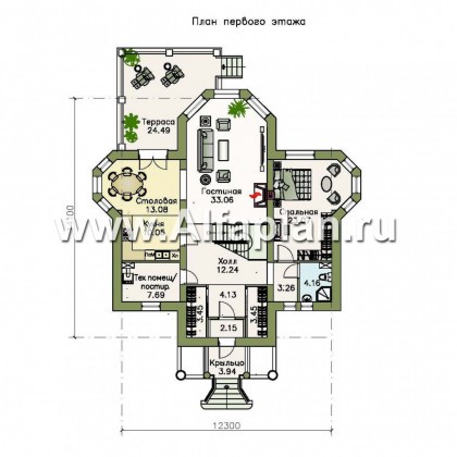 «Ноблесса»  - проект дома с мансардой, с террасой, планировка с лестницей в центре, в стиле «Петровское барокко» - превью план дома
