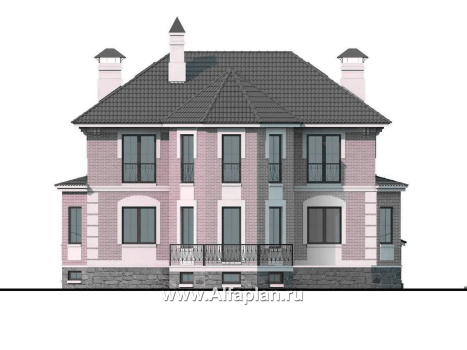 «Головин плюс» - проект двухэтажного дома, планировка с лестницей в центре и вторым светом, с цокольным этажом, в классическом стиле - превью фасада дома