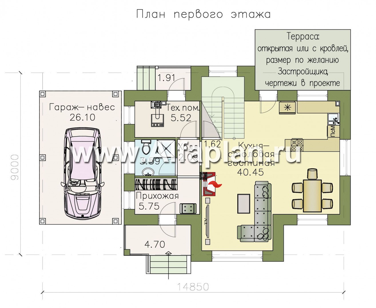 Проекты домов Альфаплан - Коттедж из кирпича «Семейное гнездо» с навесом для машины - план проекта №1