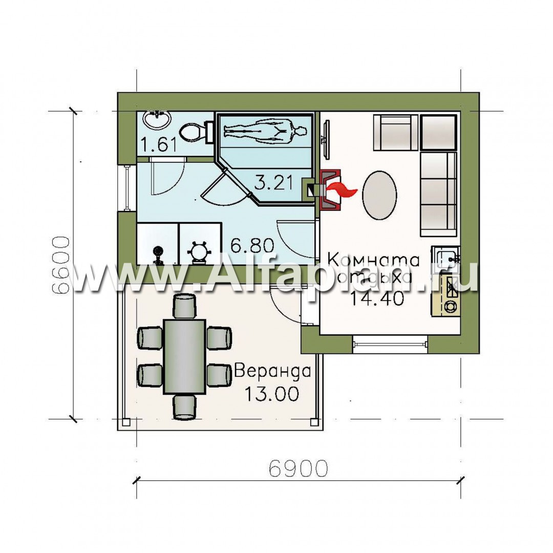 Проекты домов Альфаплан - Небольшая уютная баня с террасой (беседкой) - изображение плана проекта №1