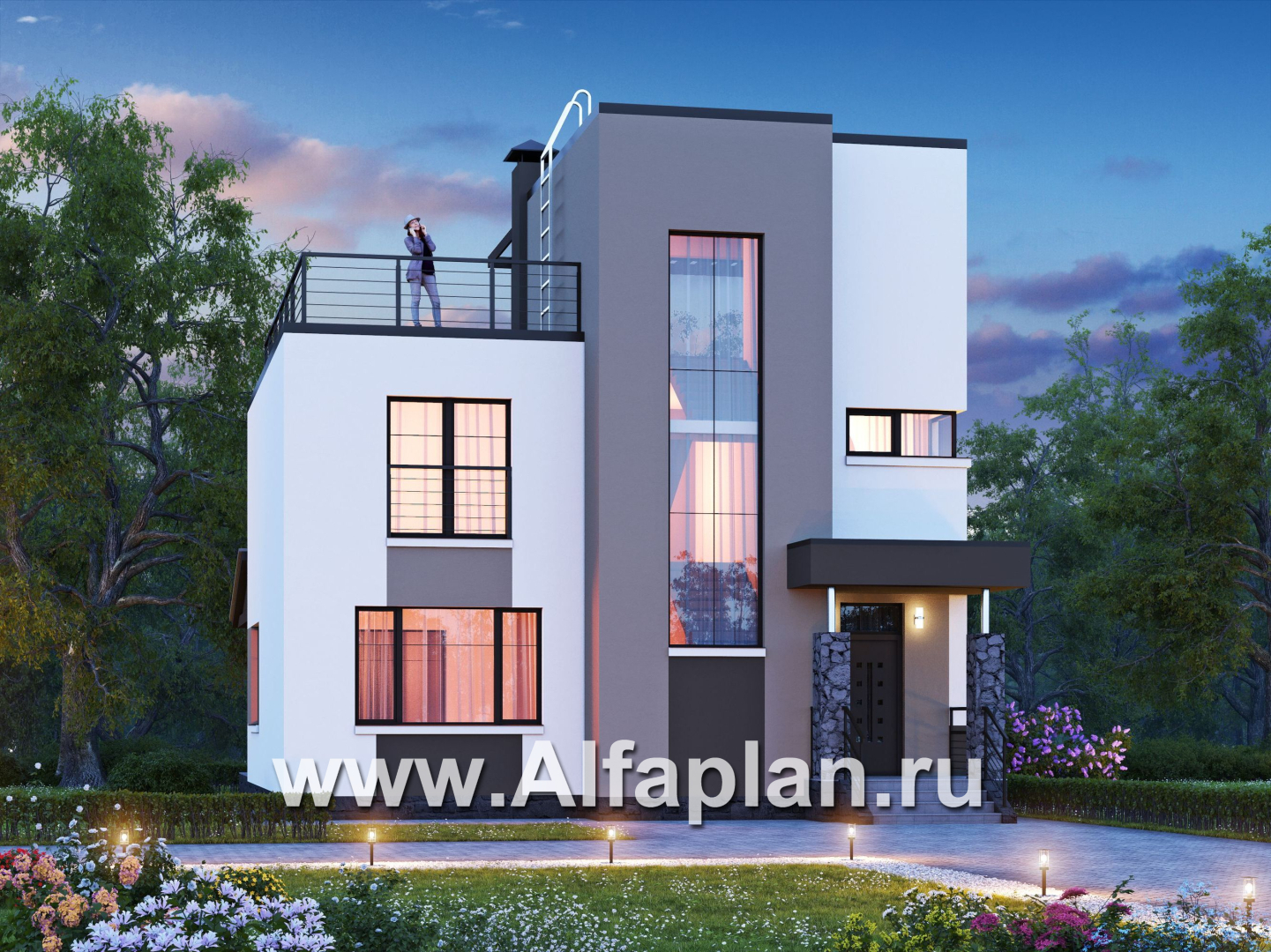 Проекты домов Альфаплан - «Приоритет» - компактный трехэтажный дом с «зеленой» кровлей - основное изображение