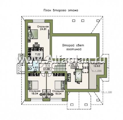 Проекты домов Альфаплан - «Суверен» - полутораэтажный коттедж с небольшим цоколем и мансардой - превью плана проекта №2