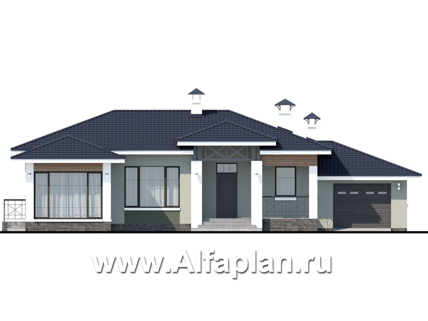 Проекты домов Альфаплан - «Теплый очаг» - компактный одноэтажный дом с гаражом - изображение фасада №1