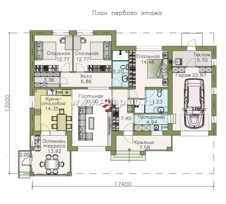 Проекты домов Альфаплан - «Теплый очаг» - компактный одноэтажный дом с гаражом - превью плана проекта №1
