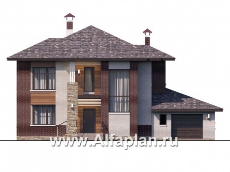 «Эндорфин» - проект двухэтажного дома, в современном стиле, с сауной и с террасой, с гаражом - превью фасада дома