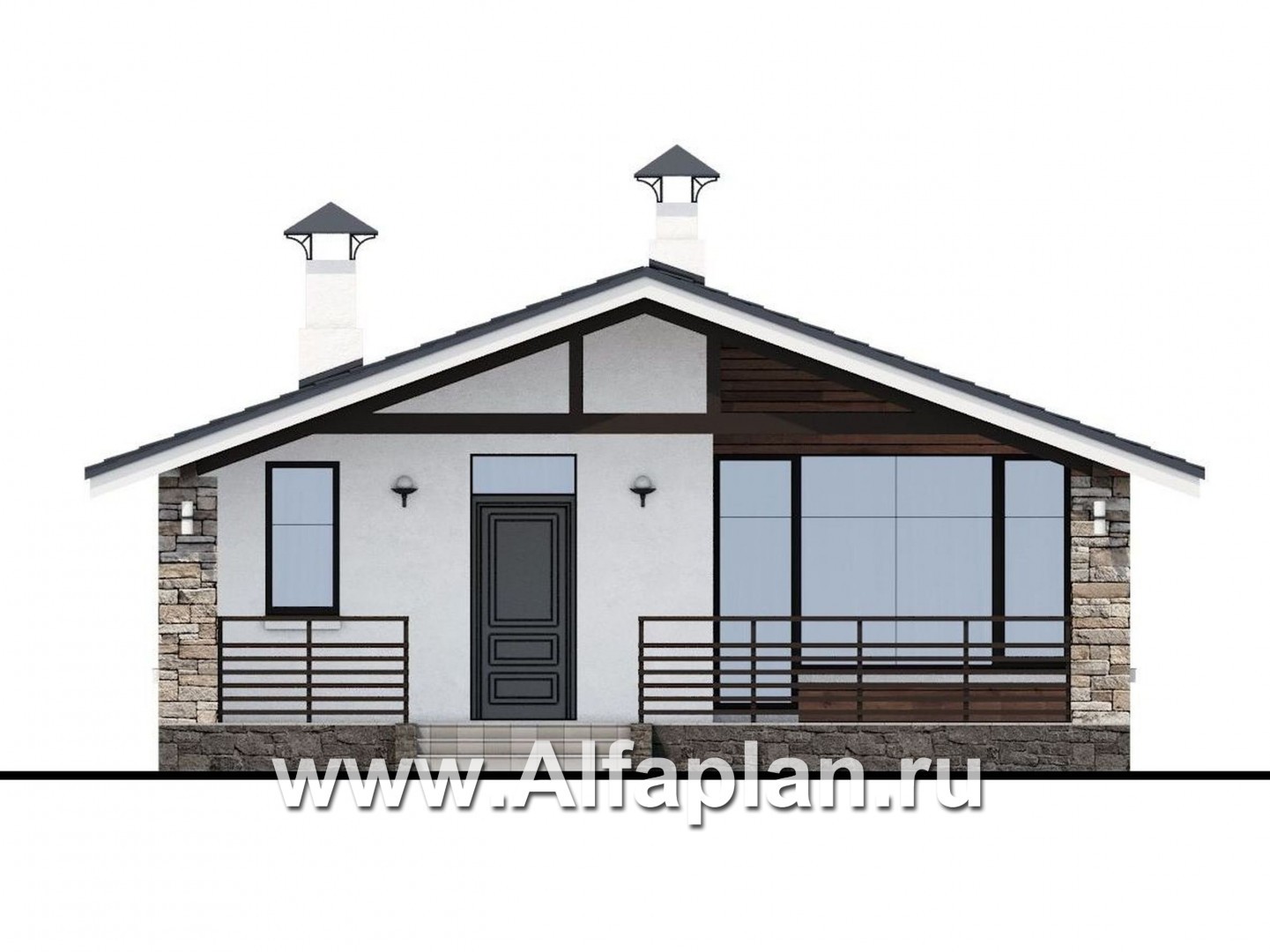«Родия» - проект одноэтажного дома, 2 спальни, с террасой и двускатной крышей, в современном стиле - фасад дома