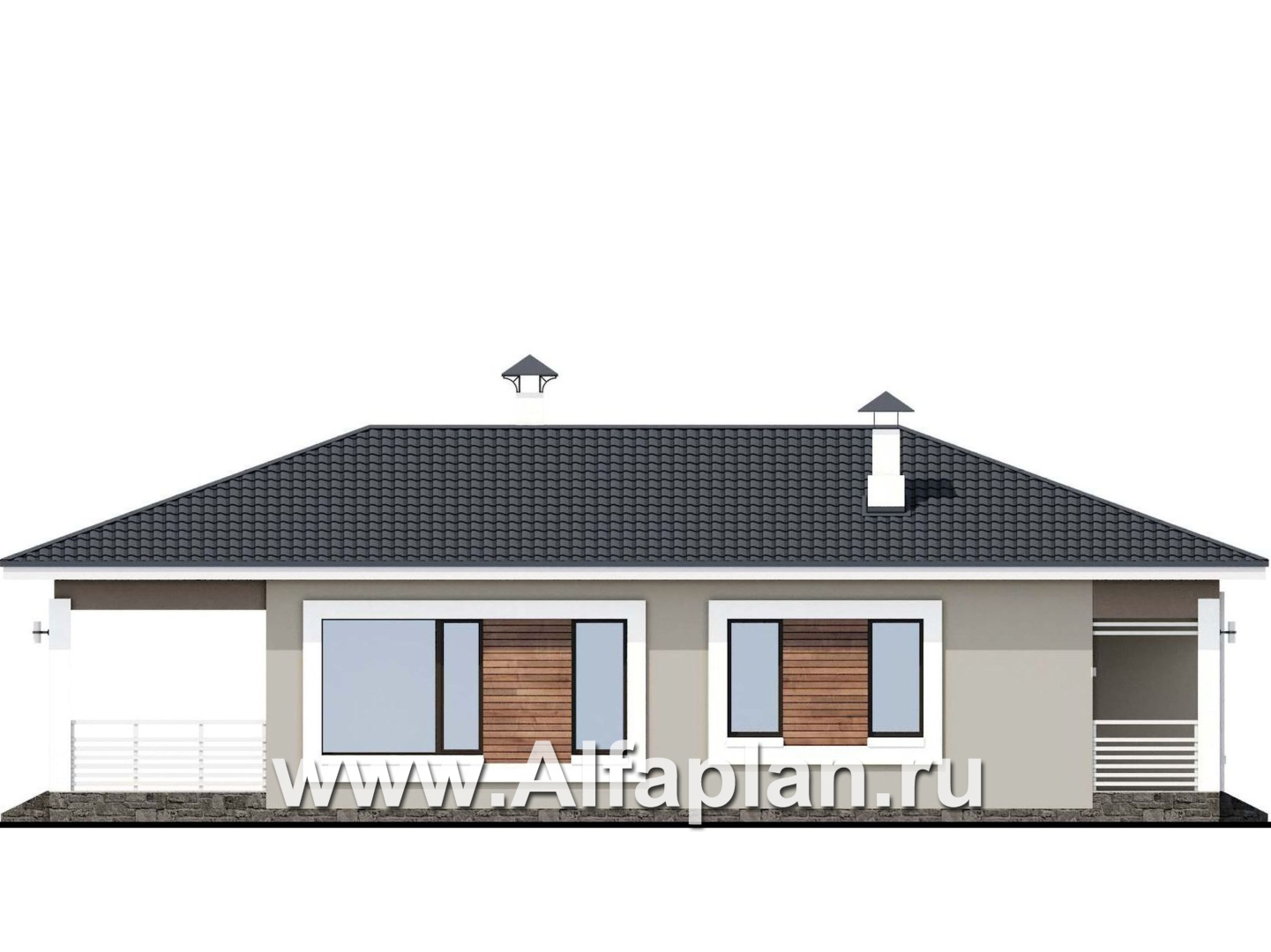 Проекты домов Альфаплан - «Каллиопа» - проект одноэтажного дома из кирпича для узкого участка с двумя спальнями - изображение фасада №3