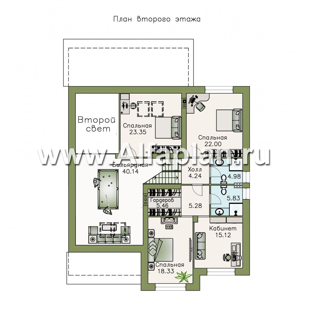 Проекты домов Альфаплан - «Мажестик» - современный коттедж в полтора этажа с гаражом - план проекта №2