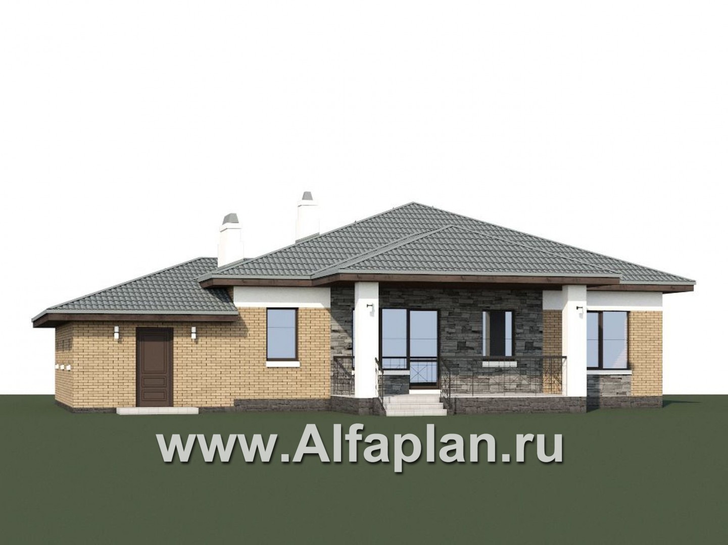 Проекты домов Альфаплан - Проект одноэтажного дома из кирпичей «Княженика», с гаражом - дополнительное изображение №1