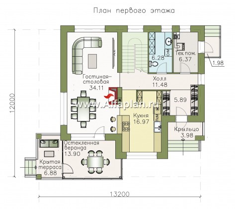 Проекты домов Альфаплан - «Летний вечер» - современный двухэтажный коттедж с верандой - превью плана проекта №1