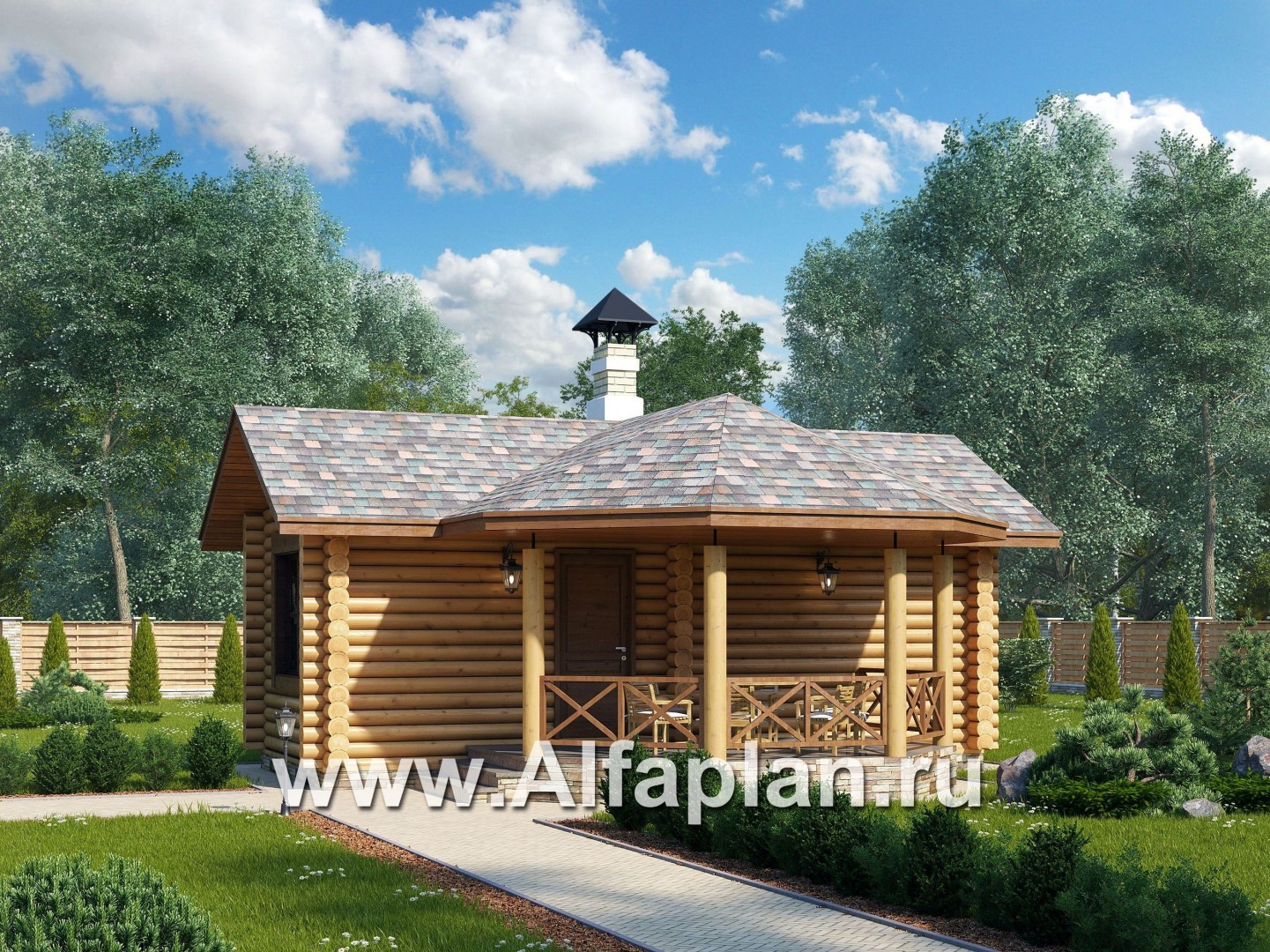 Проекты домов Альфаплан - Небольшая дервянная баня с уютной верандой (беседкой) - основное изображение