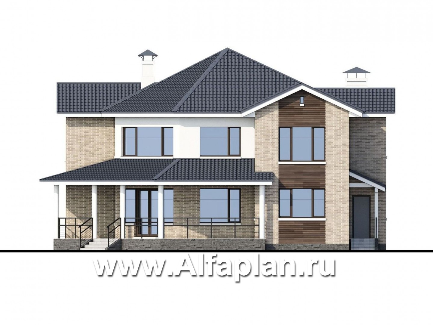 «Махаон» - проект красивого двухэтажного дома, с диагональным построением плана, с террасой - фасад дома