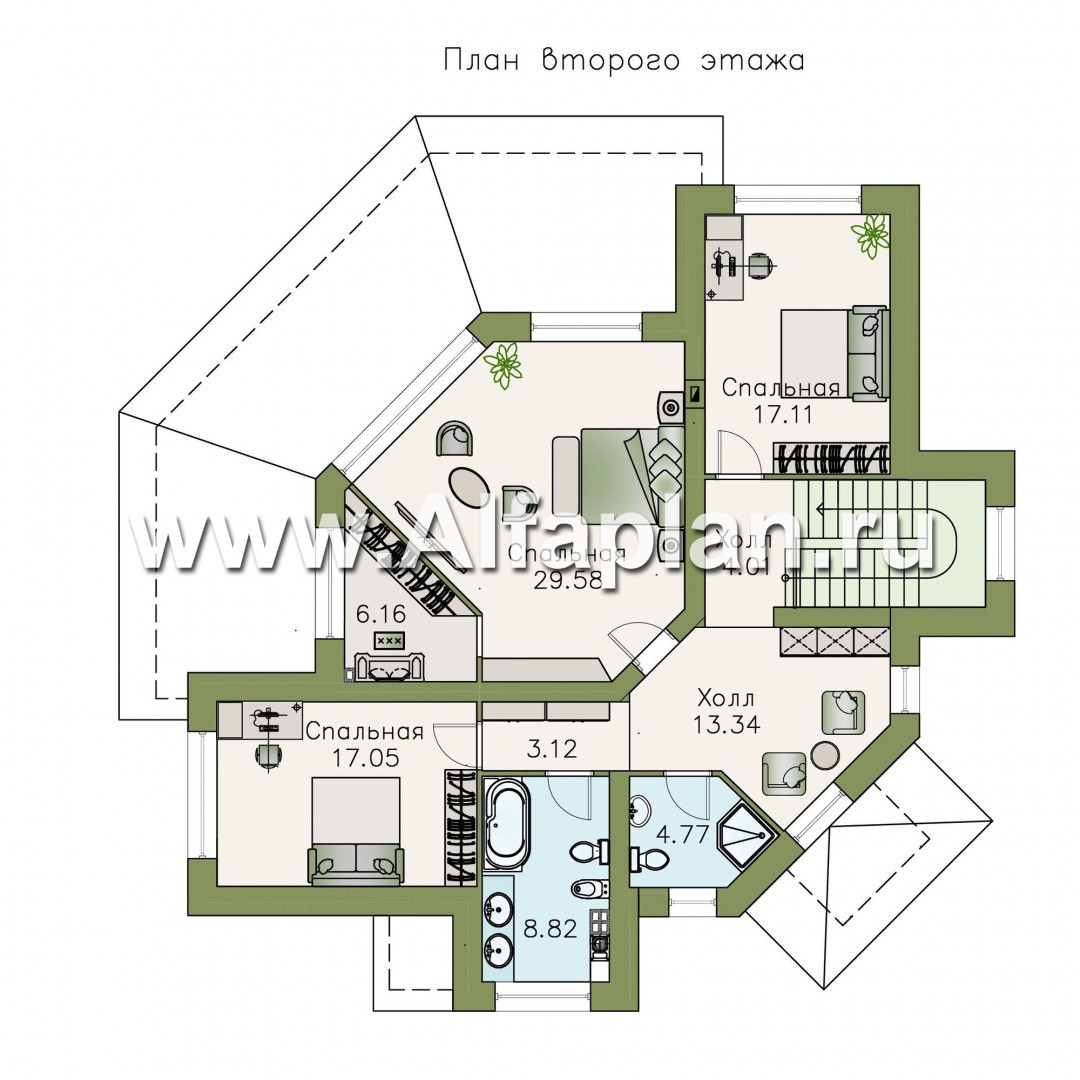 «Махаон» - проект красивого двухэтажного дома, с диагональным построением плана, с террасой - план дома