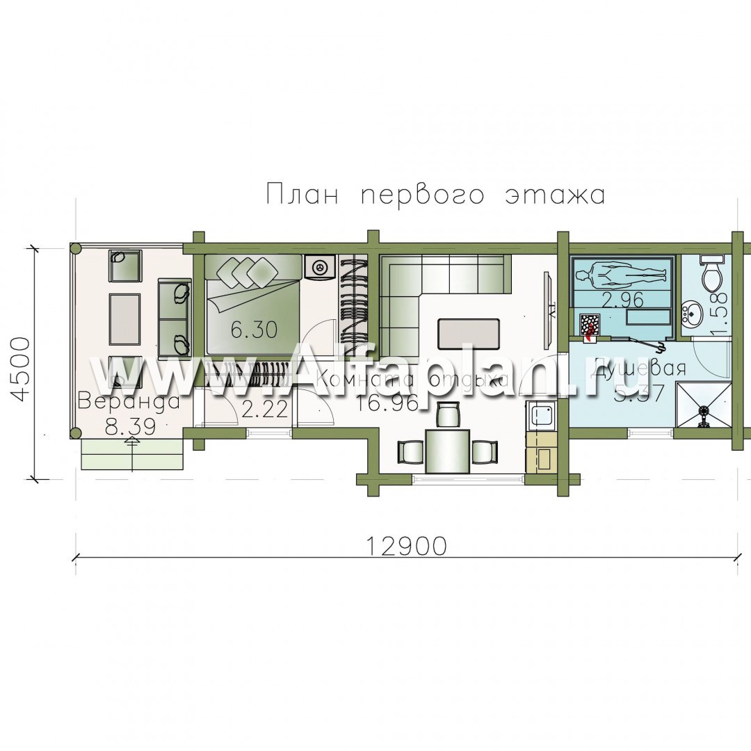 Проекты домов Альфаплан - Узкая деревянная баня с гостевой спальной - изображение плана проекта №1