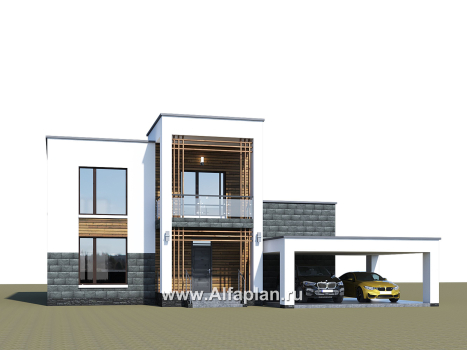 Проекты домов Альфаплан - «Футура» - современный двухэтажный дом с плоской кровлей и гаражом-навесом - превью дополнительного изображения №1