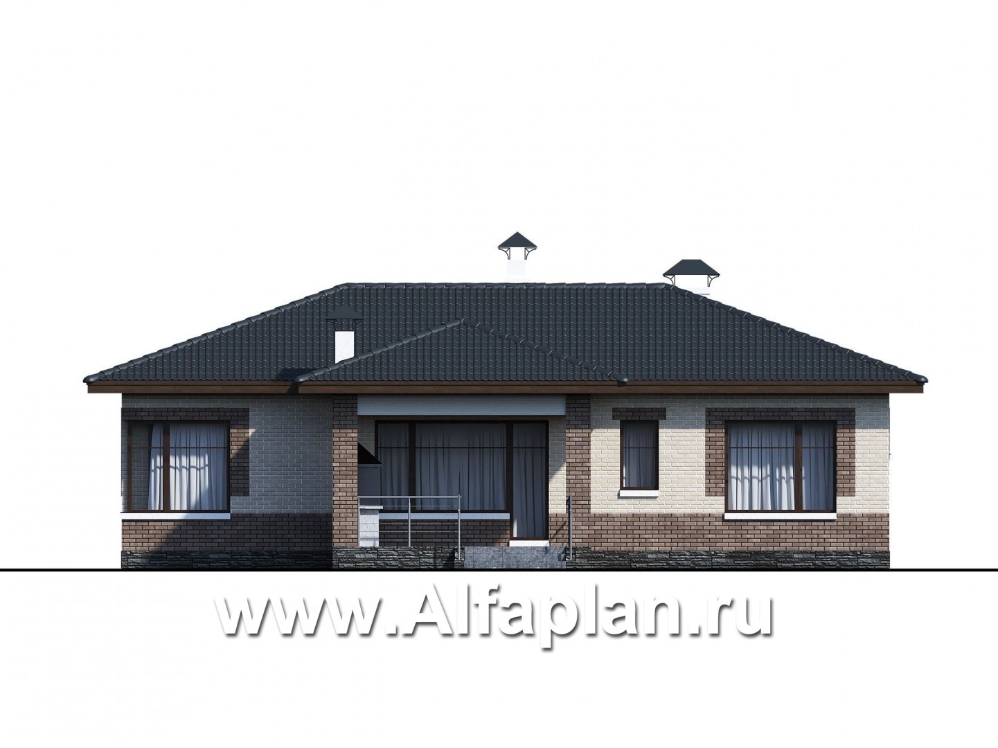 Проекты домов Альфаплан - «Авалон» - стильный одноэтажный дом с угловым остеклением - изображение фасада №3