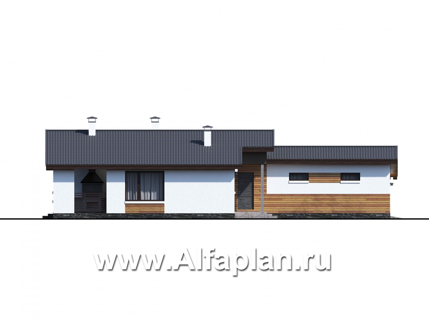 Проекты домов Альфаплан - «Калисто» - одноэтажный коттедж с гаражом на два автомобиля - изображение фасада №2
