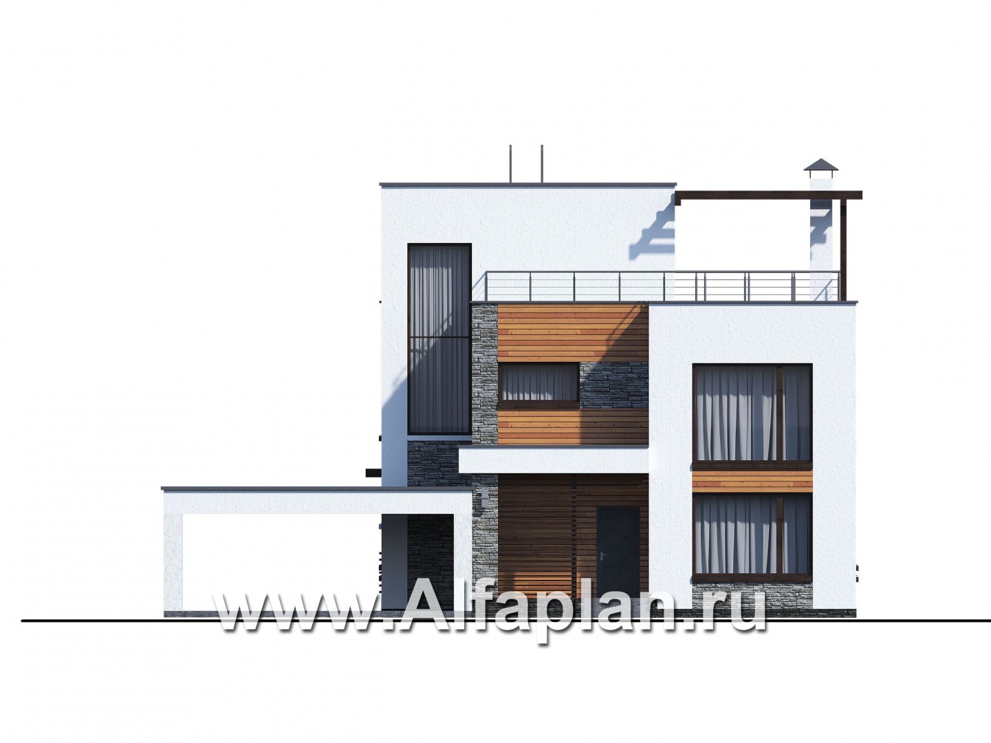 Проекты домов Альфаплан - «Золотой ключик» — современный дом с плоской эксплуатируемой кровлей и гаражом-навесом - изображение фасада №1