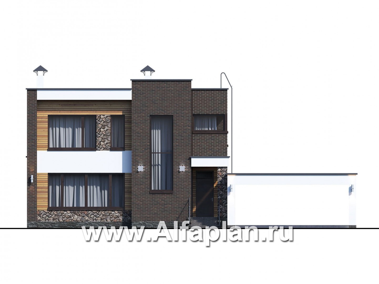 Проекты домов Альфаплан - «Эрго» - проект двухэтажного дома с плоской кровлей 10х10м, с гаражом-навесом - изображение фасада №1