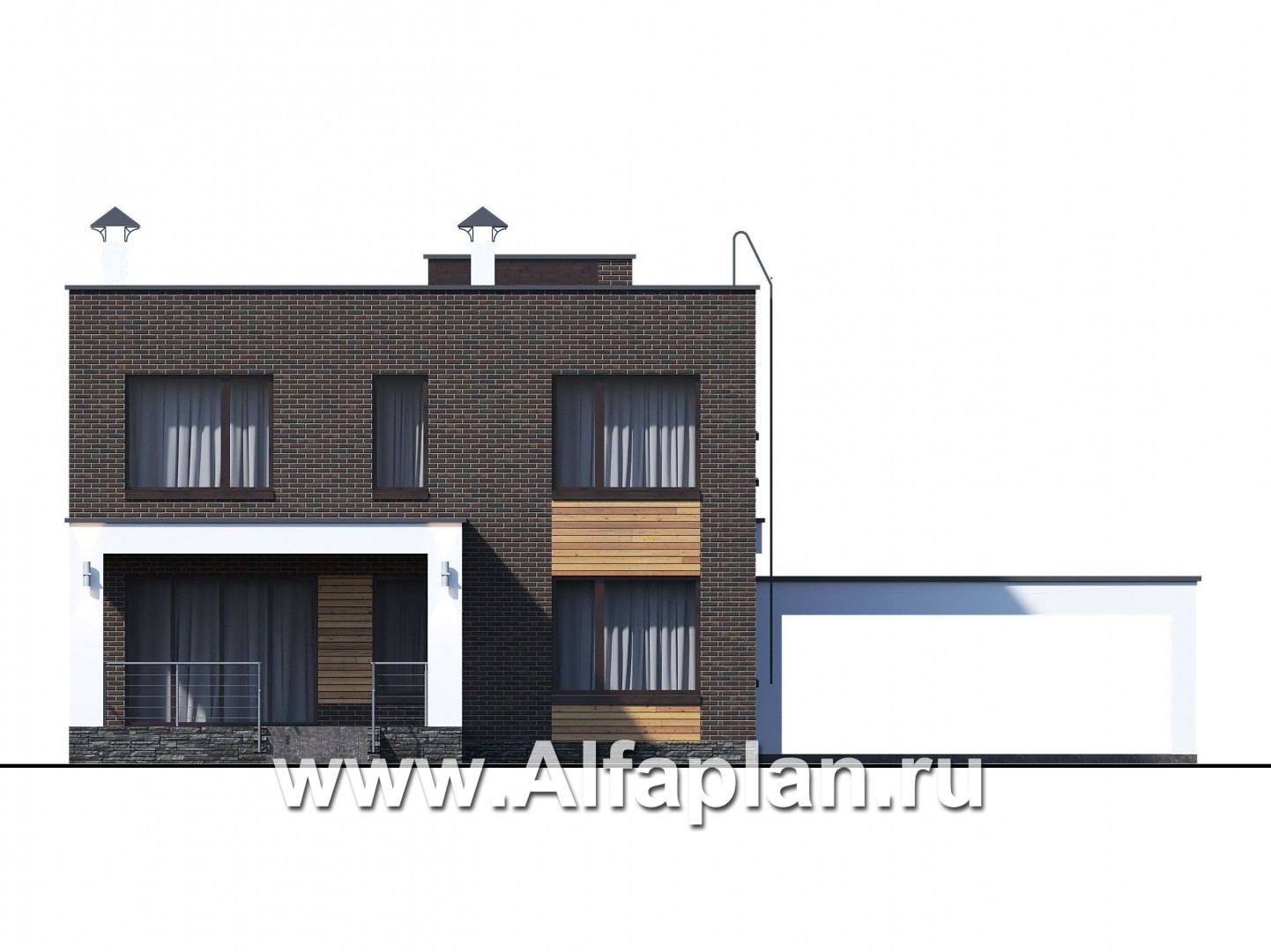 Проекты домов Альфаплан - «Эрго» - проект двухэтажного дома с плоской кровлей 10х10м, с гаражом-навесом - изображение фасада №3