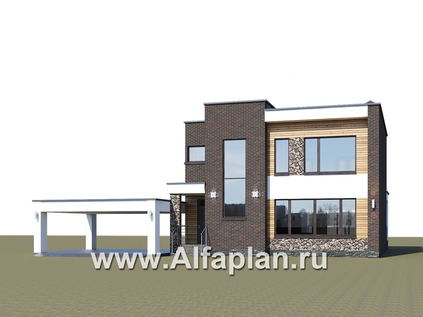 Проекты домов Альфаплан - «Эрго» - проект двухэтажного дома с плоской кровлей 10х10м, с гаражом-навесом - дополнительное изображение №1