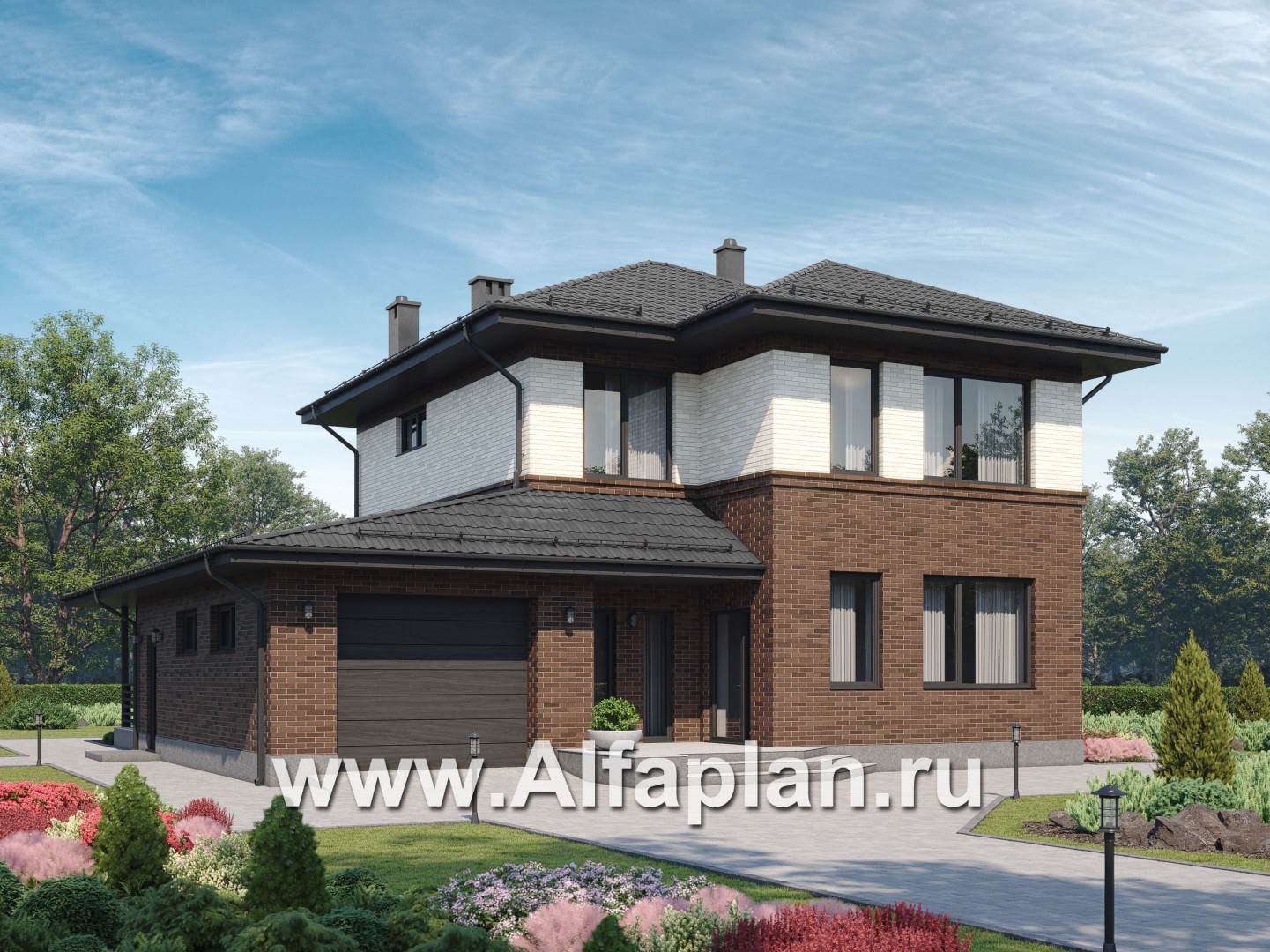 Проект двухэтажного дома из газобетона или кирпича, с террасой и с гаражом, в современном стиле - основное изображение