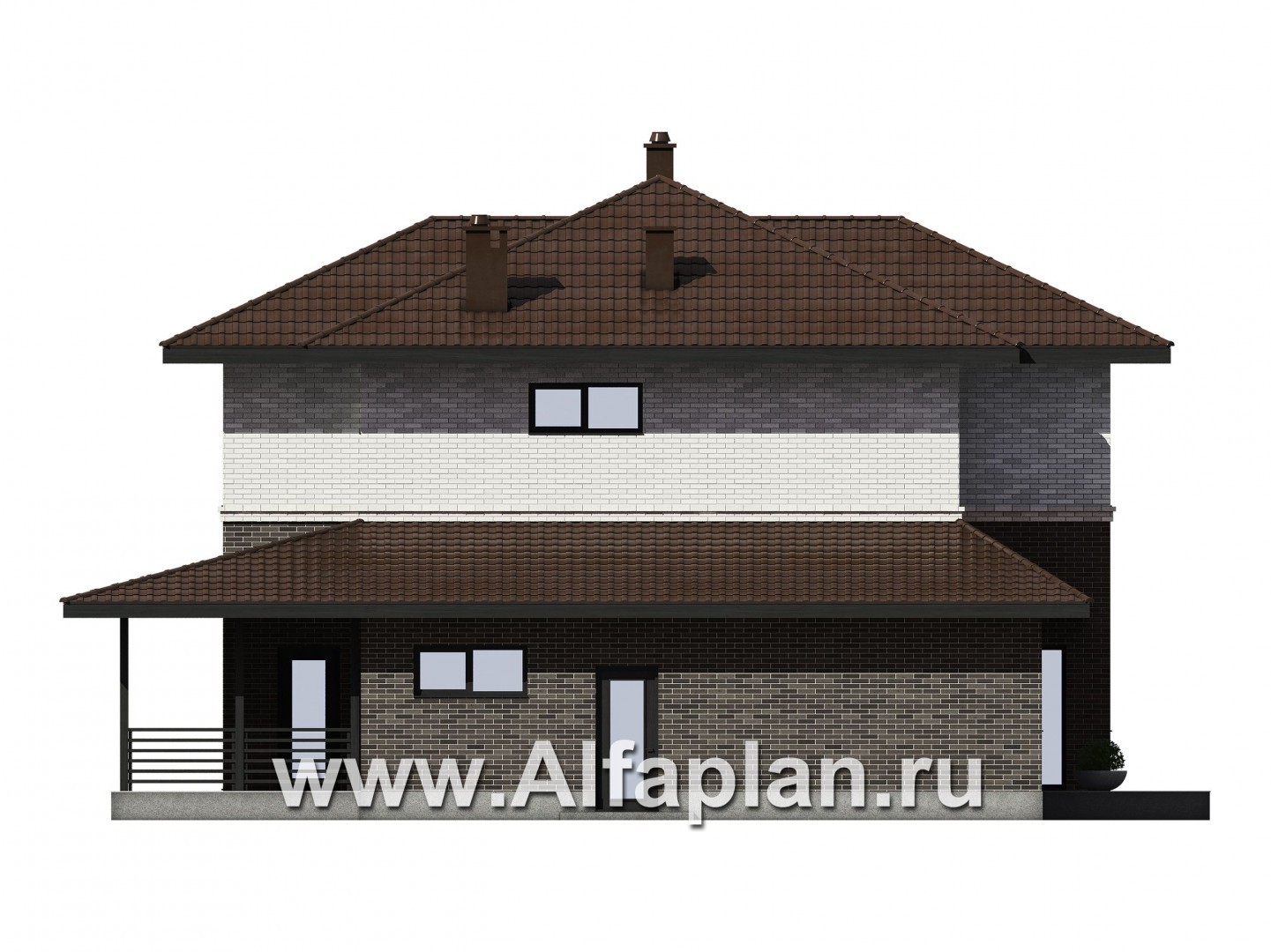 Проект двухэтажного дома из газобетона или кирпича, с террасой и гостевой квартирой - фасад дома