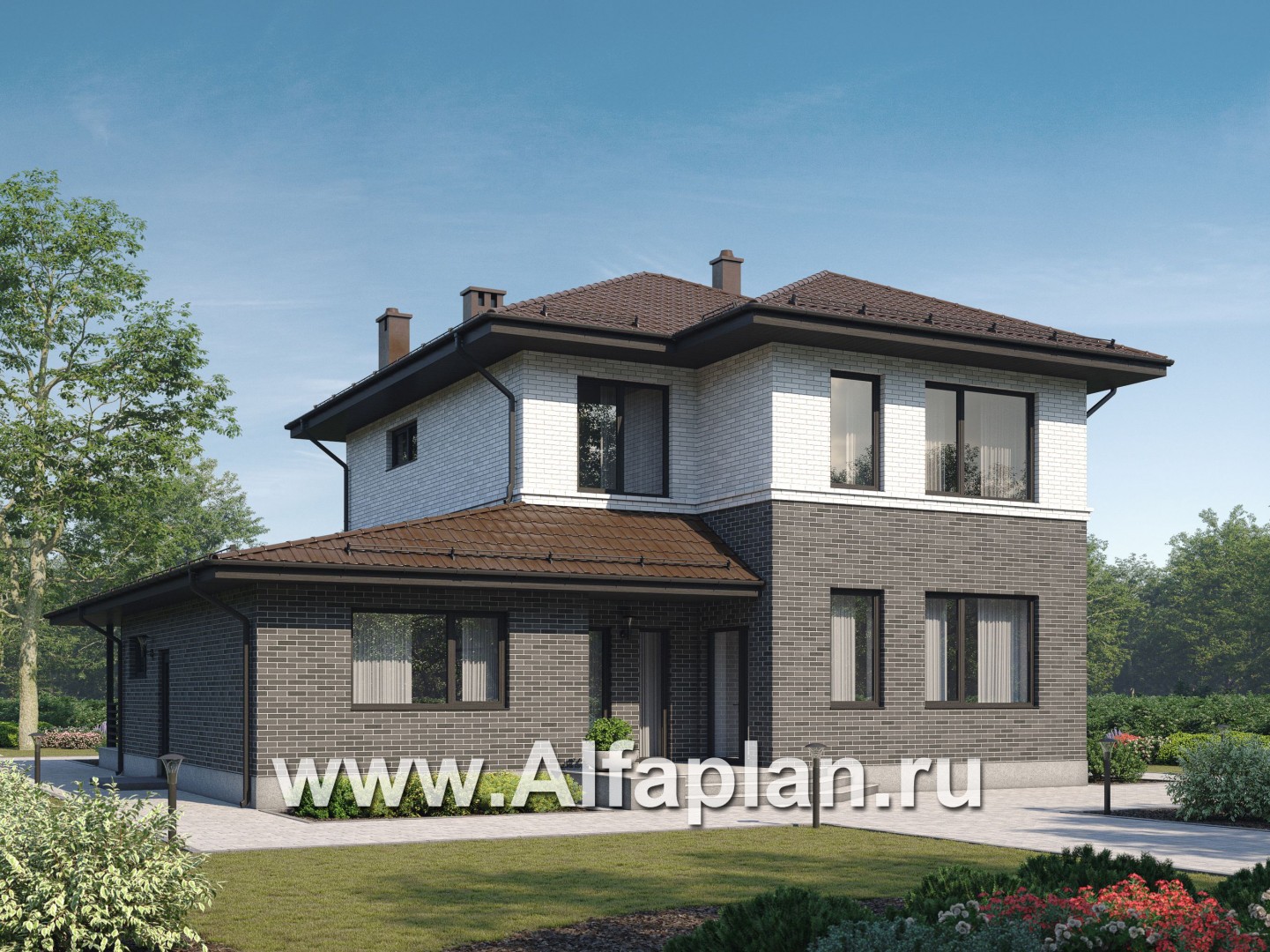 Проект двухэтажного дома из газобетона или кирпича, с террасой и гостевой квартирой - основное изображение