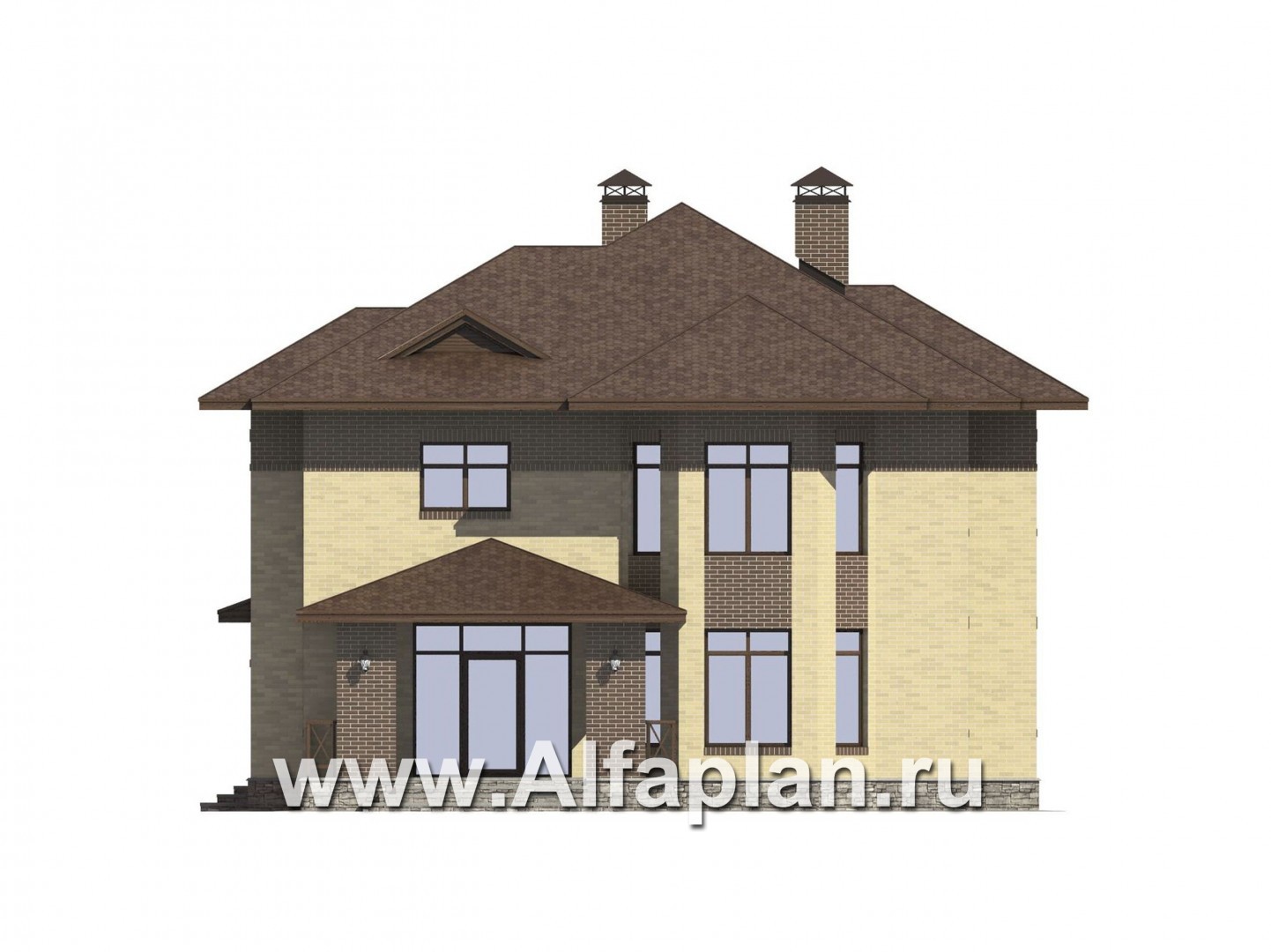 Проект двухэтажного дома, с эркером и с террасой, с навесом для авто - фасад дома