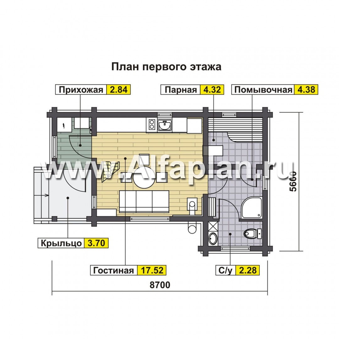 Проект дома с мансардой из бруса, с террасой. Гостевой дом, дача с односкатной кровлей - план дома