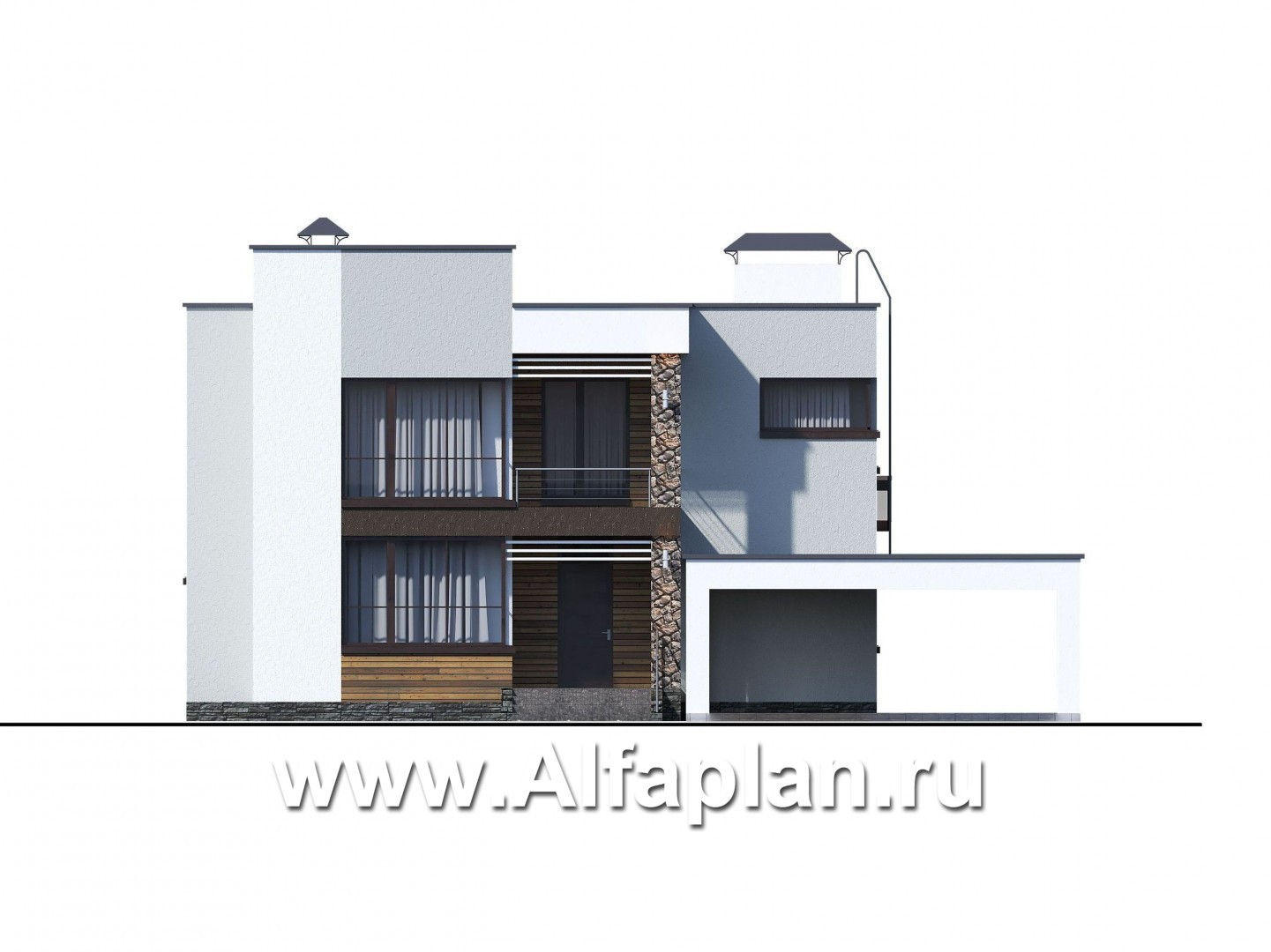 Проекты домов Альфаплан - «Престиж» - проект удобного и просторного дома с плоской кровлей, и гаражом-навесом - изображение фасада №1