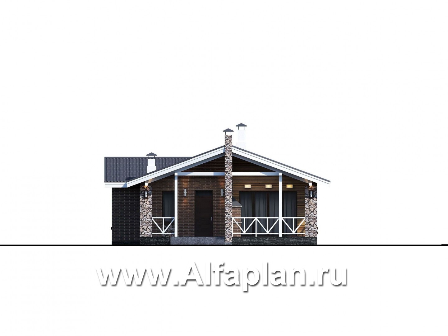 Проекты домов Альфаплан - «Персефона» - современный одноэтажный коттедж с барбекю на террасе - изображение фасада №1