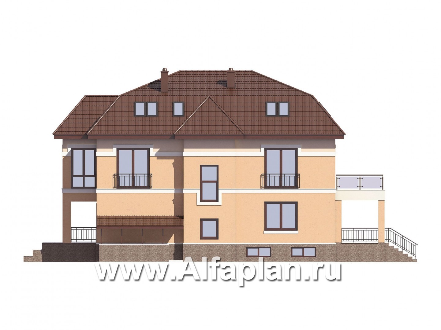 Проекты домов Альфаплан - Проект особняка бизнес класса с цокольным этажом и мансардой - изображение фасада №2