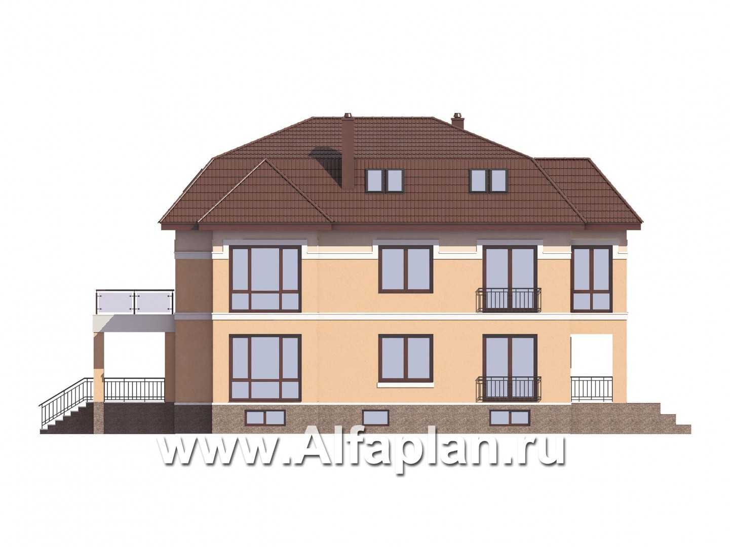 Проекты домов Альфаплан - Проект особняка бизнес класса с цокольным этажом и мансардой - изображение фасада №4