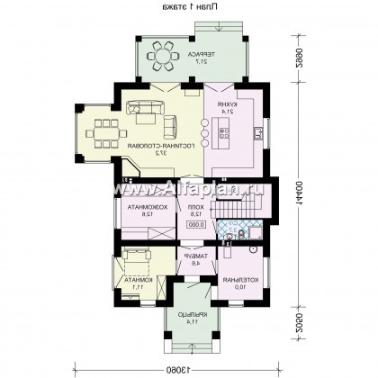 Проект двухэтажного дома из газобетона, планировка с гостевой и спальней на 1 эт, с террасой и с эркером, в современном стиле - превью план дома