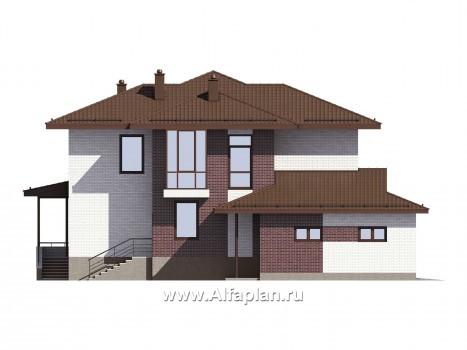 Проект двухэтажного коттеджа, планировка с кабинетом и с гаражом на 2 авто, с террасой, с цокольным этажом - превью фасада дома