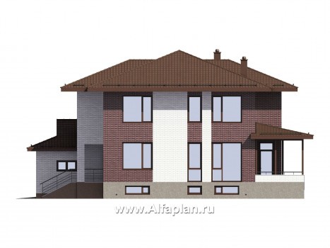 Проект двухэтажного коттеджа, планировка с кабинетом и с гаражом на 2 авто, с террасой, с цокольным этажом - превью фасада дома