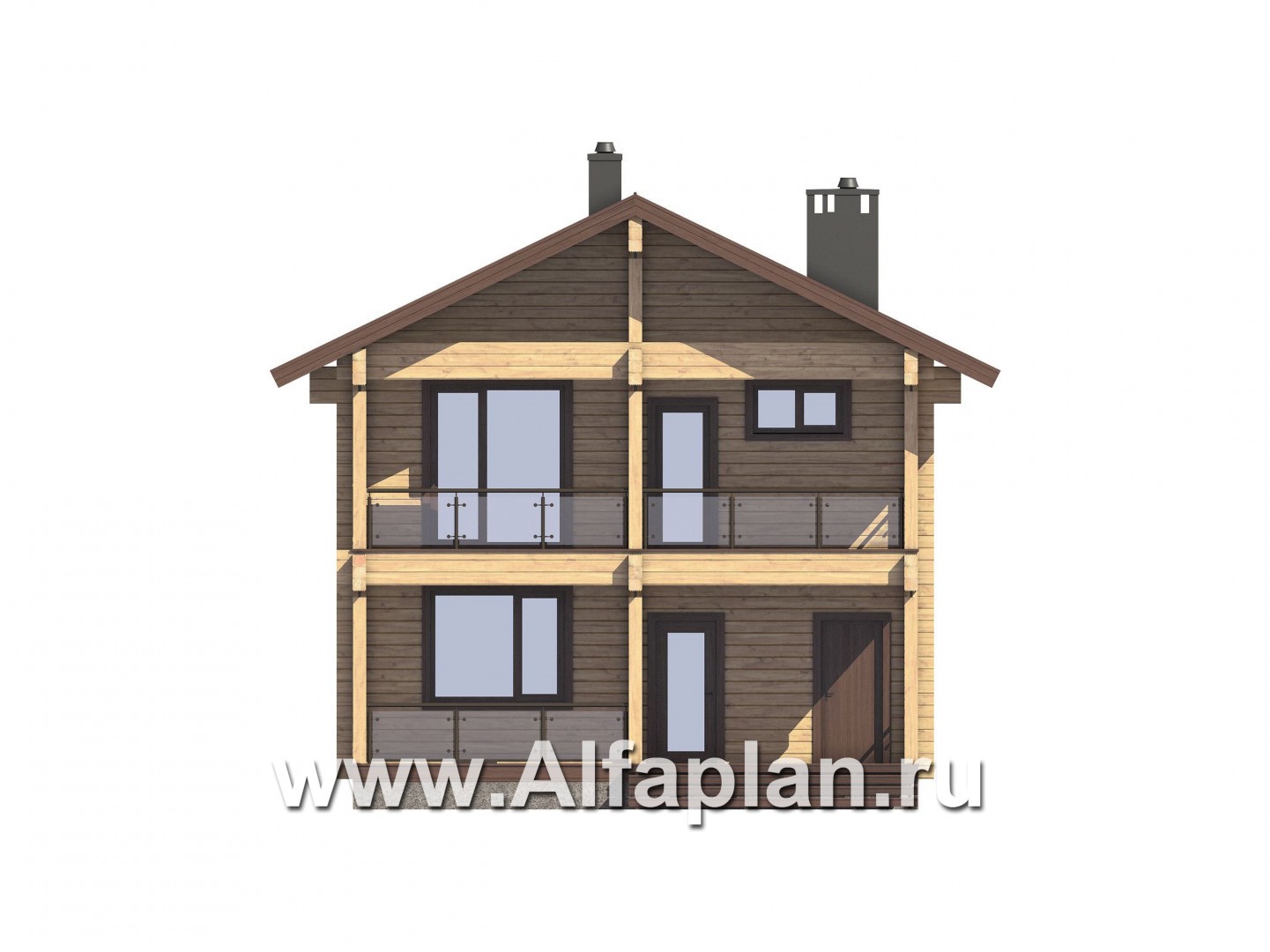 Проекты домов Альфаплан - Проект двухэтажного коттеджа из бруса с террасой и балконом - изображение фасада №1