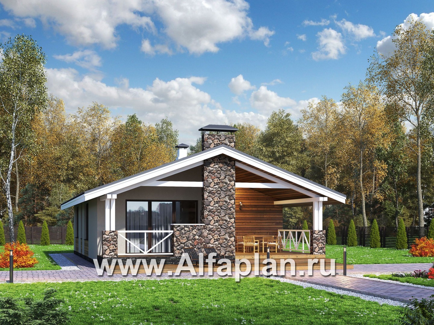 Проекты домов Альфаплан - «Мелета» - уютный одноэтажный дом с террасой - основное изображение